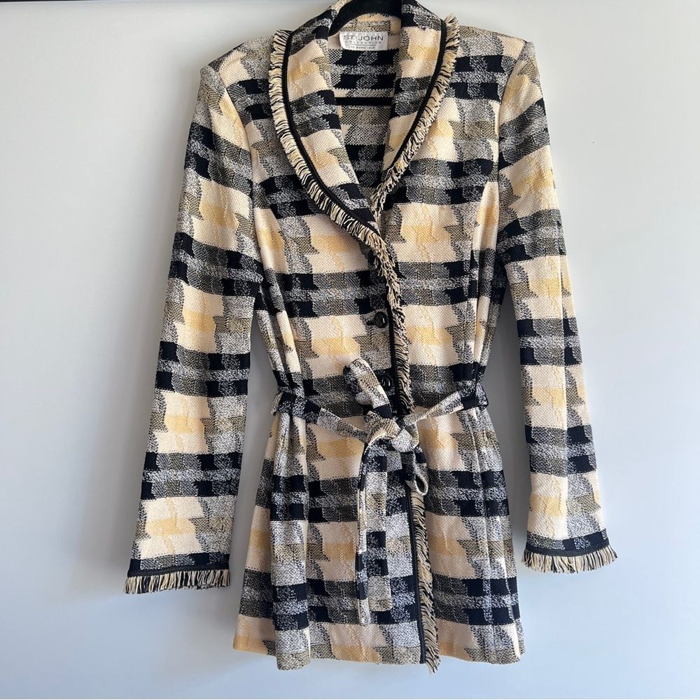 St. John Vintage Textured Herringbone Fringed Belted Jacket Yellow Black & Cream